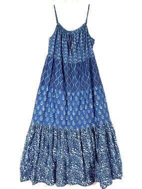 FAHERTY Sun Chaser Organic Cotton Silk Sunburst Tassel Boho Tiered Maxi Dress M